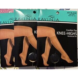 Ravinia Knee-Highs One Size Reinforced Toe Jet Black Set Of 3 Vintage